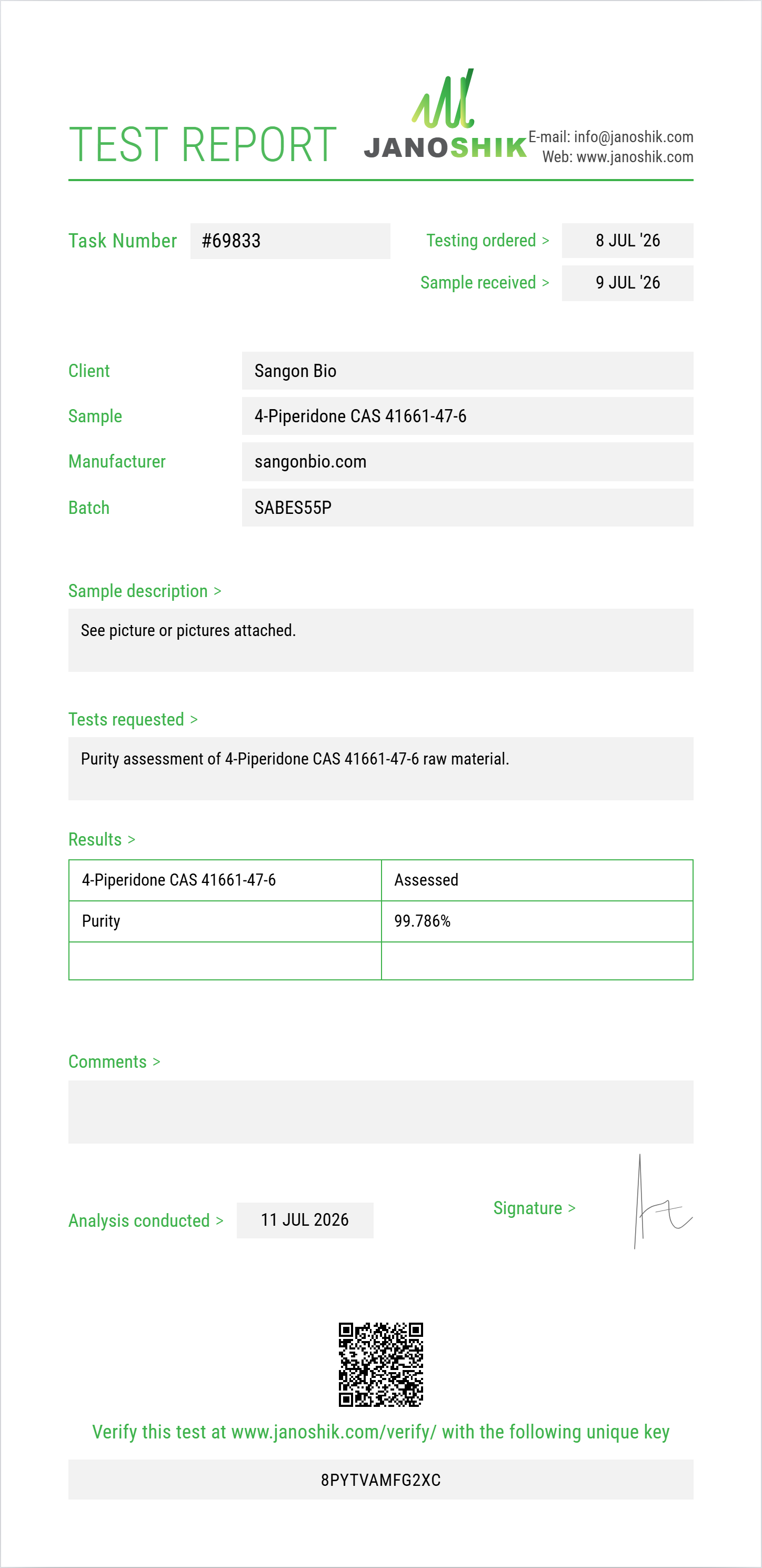 4-Piperidone CAS 41661-47-6 Purity (HPLC) report by Janoshik Analytical