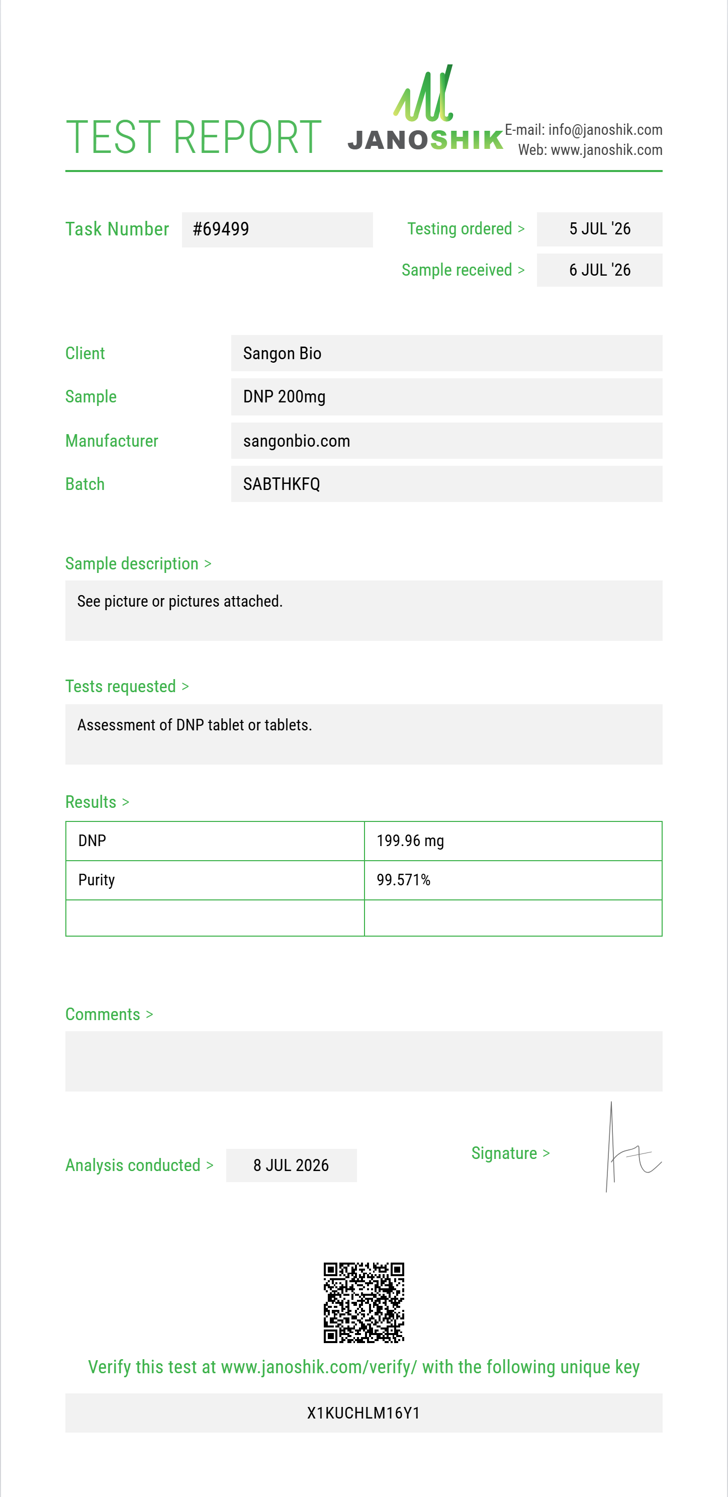 DNP Purity (HPLC) report by Janoshik Analytical