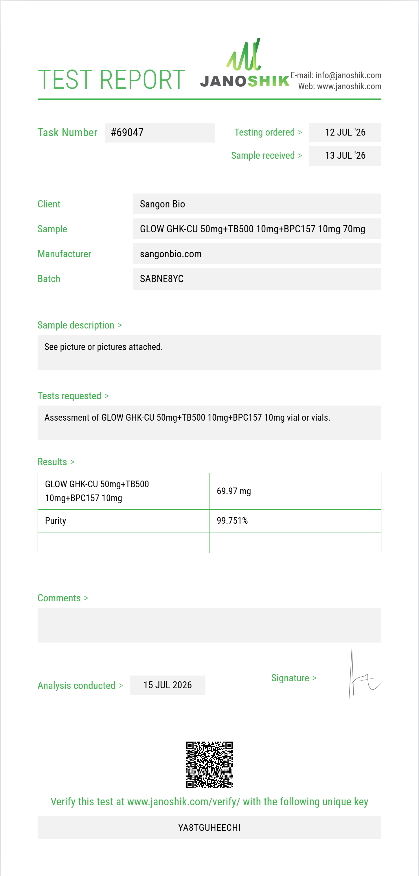 GLOW GHK-CU 50mg+TB500 10mg+BPC157 10mg Purity (HPLC) report by Janoshik Analytical