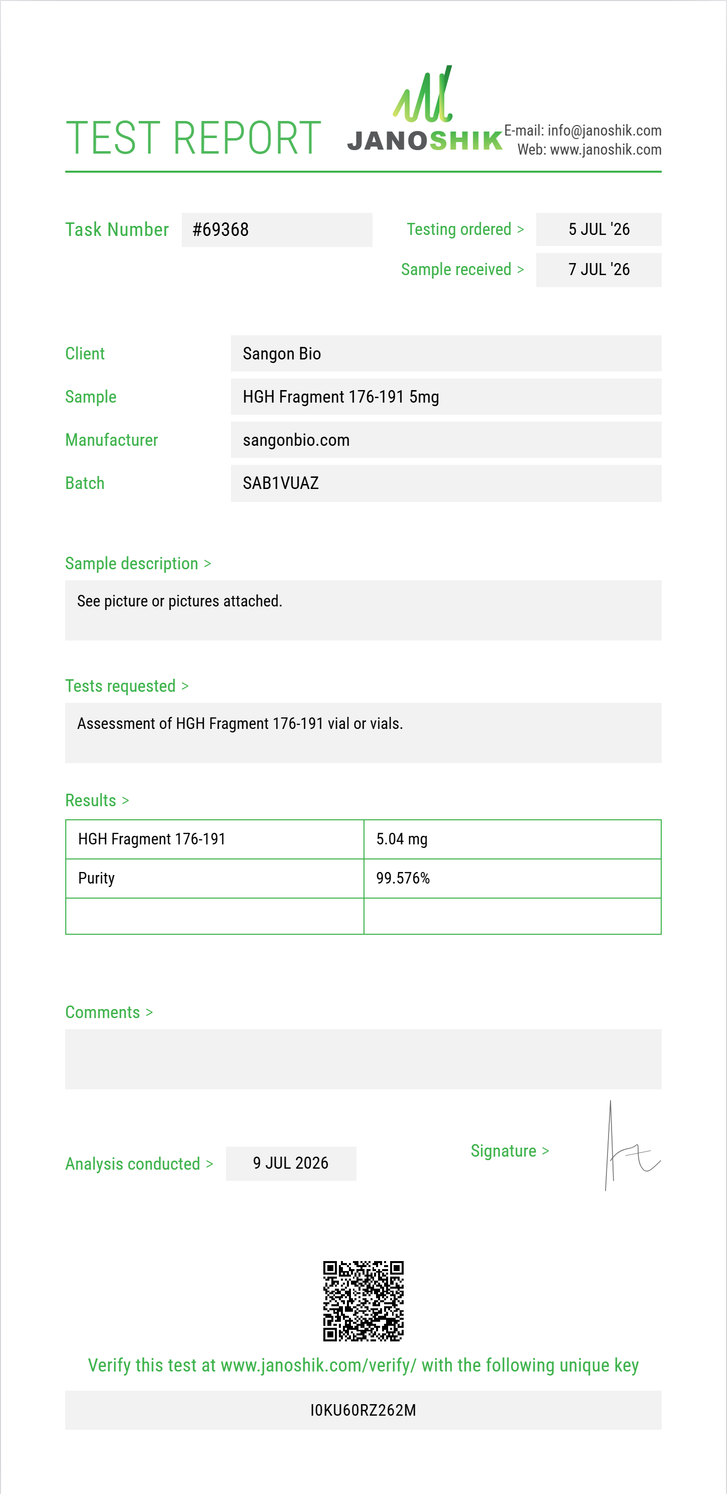 HGH Fragment 176-191 Purity (HPLC) report by Janoshik Analytical