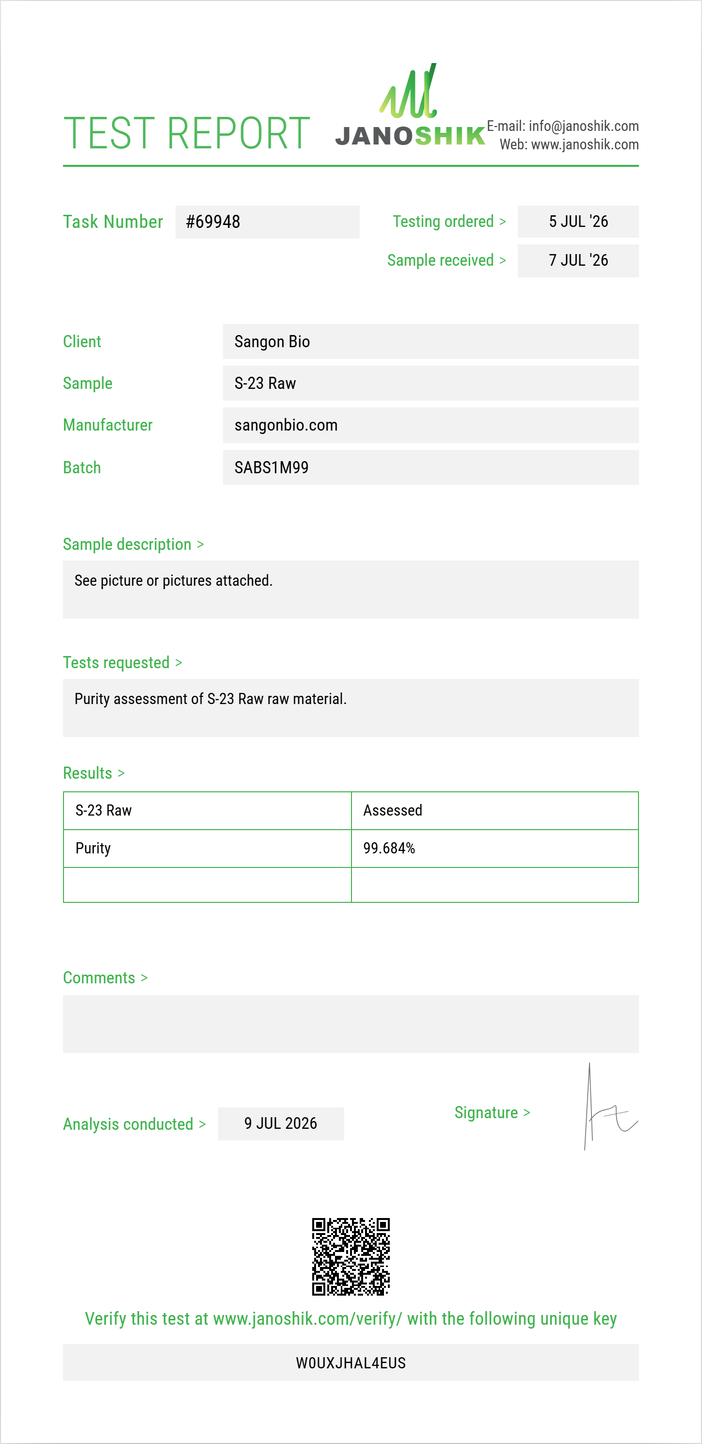 S-23 Raw Purity (HPLC) report by Janoshik Analytical