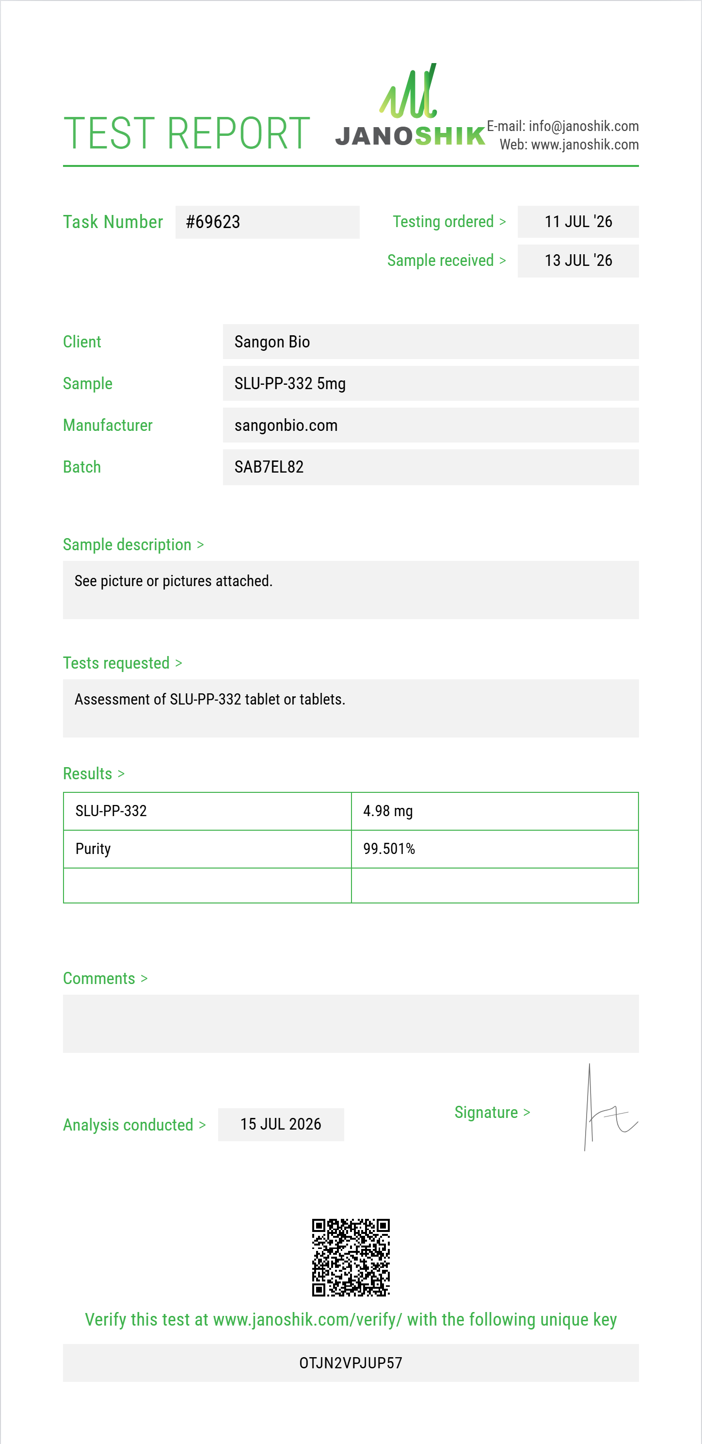SLU-PP-332 Injectable Purity Test Report by Janoshik