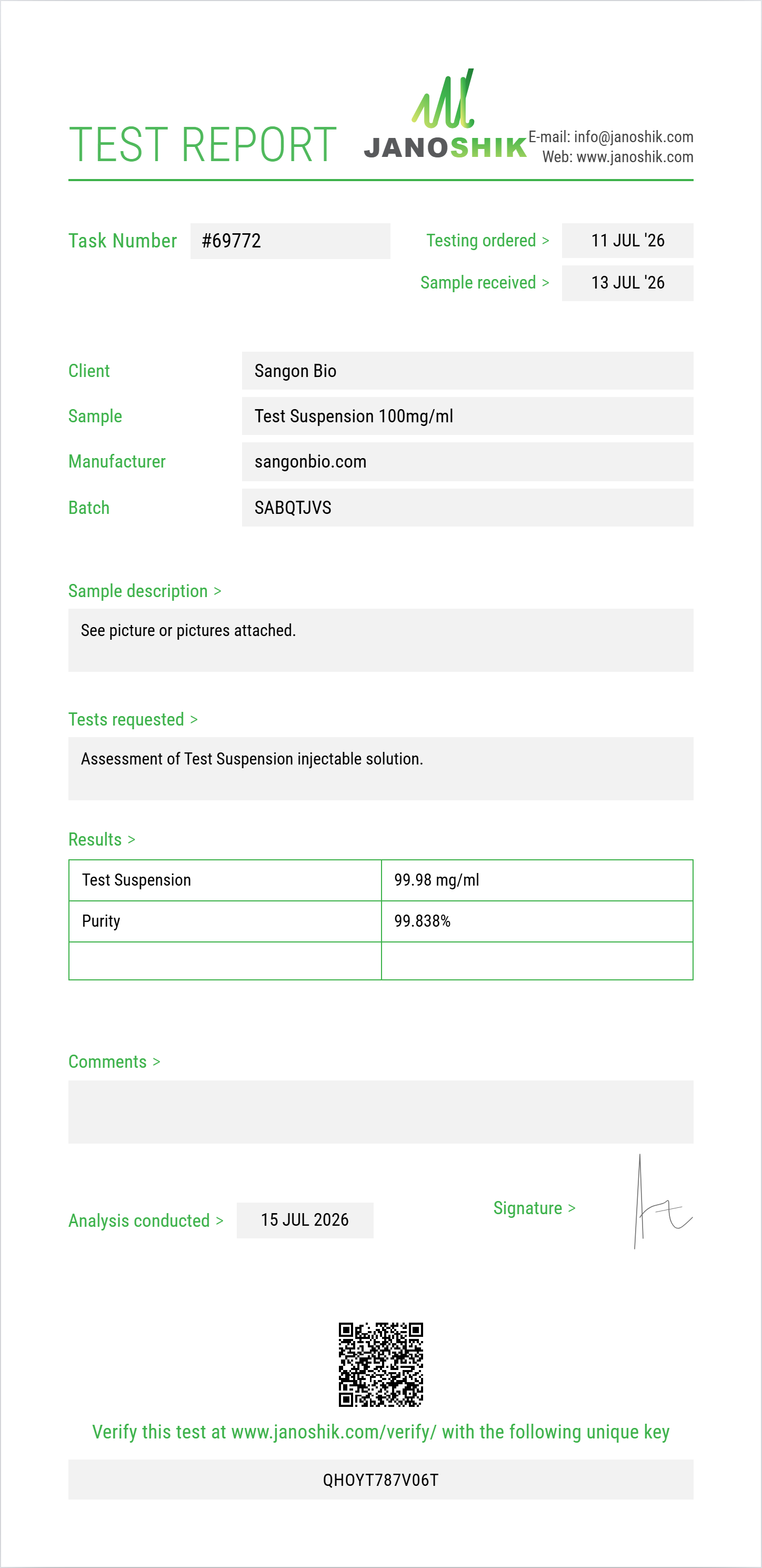 Test Suspension Purity (HPLC) report by Janoshik Analytical