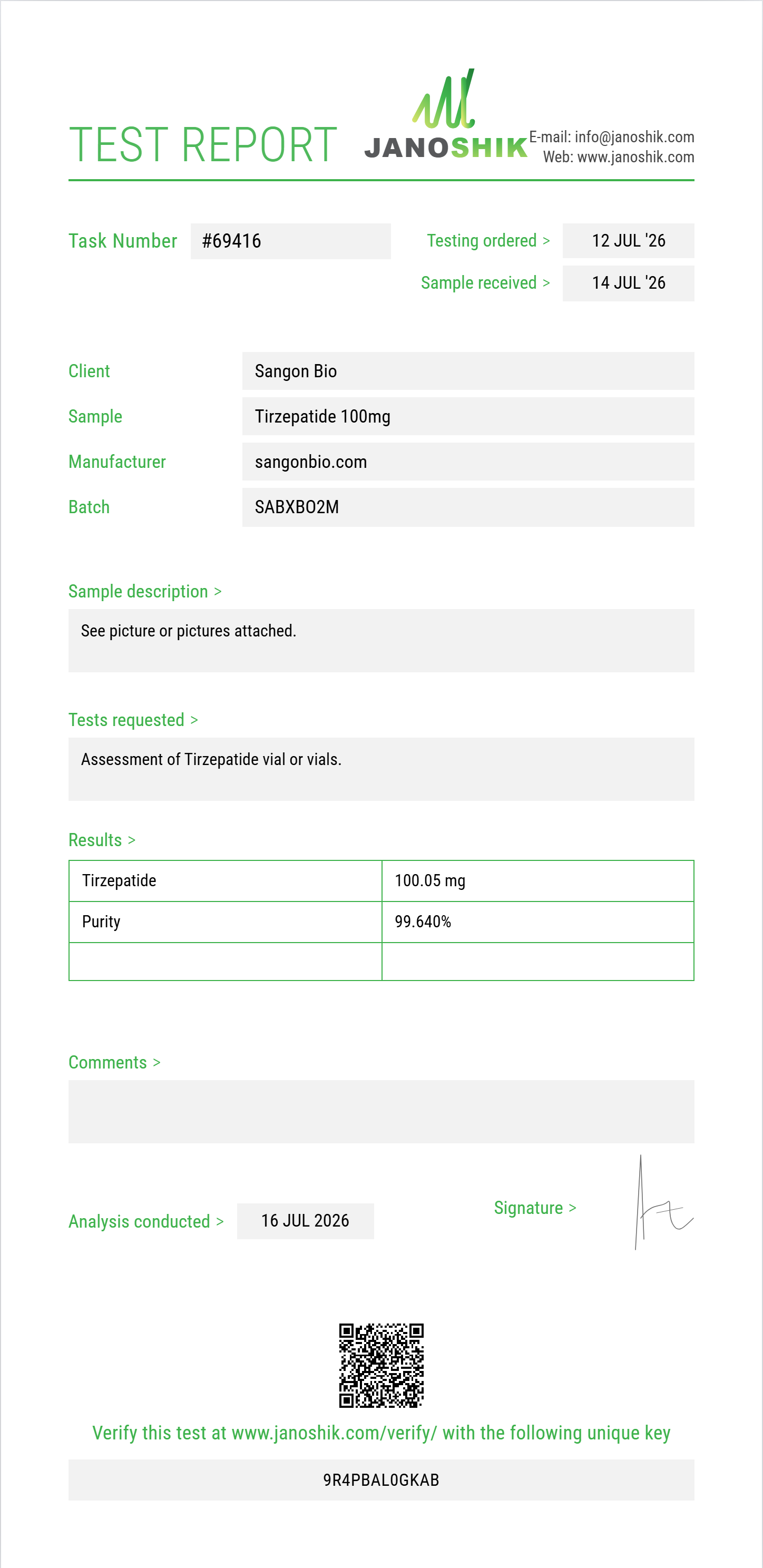 Tirzepatide Purity (HPLC) report by Janoshik Analytical