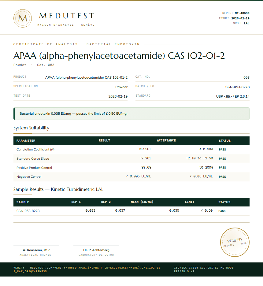 APAA (alpha-phenylacetoacetamide) CAS 102-01-2 Endotoxin report by Medutest
