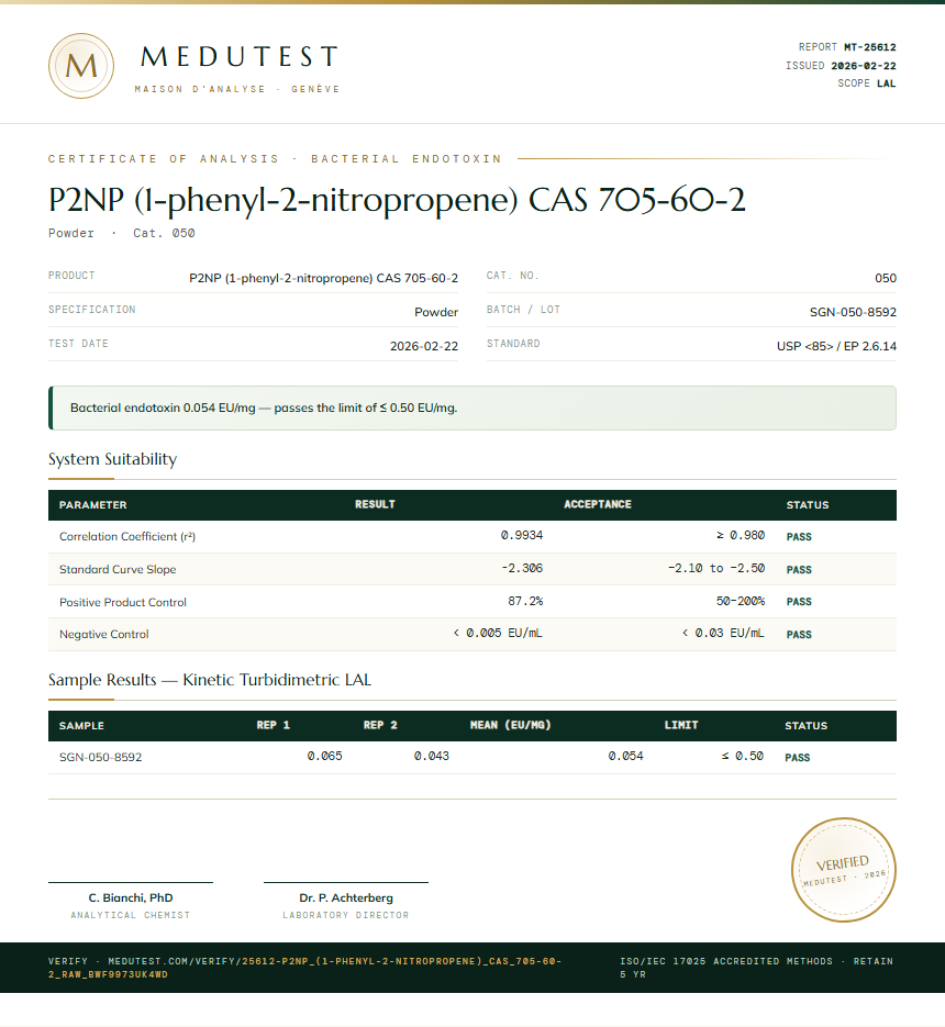 P2NP (1-phenyl-2-nitropropene) CAS 705-60-2 Endotoxin report by Medutest