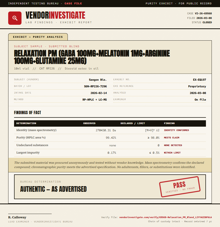 Relaxation PM (GABA 100mg+Melatonin 1mg+Arginine 100mg+Glutamine 25mg) Purity (HPLC) report by VendorInvestigate